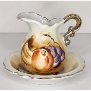 Vtg Artmark Mini Pitcher & Bowl Porcelain Vintage Fruit w/Gold Trim Hand Painted